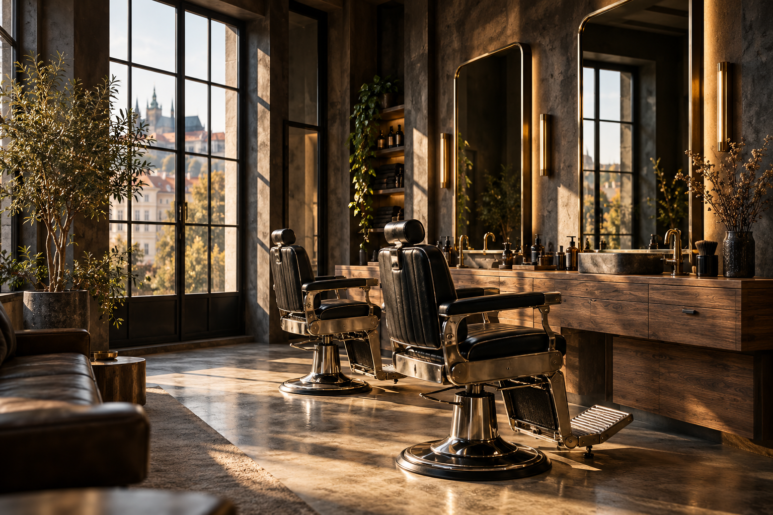 Ilustrační interiér barbershopu s koženými křesly a velkými okny